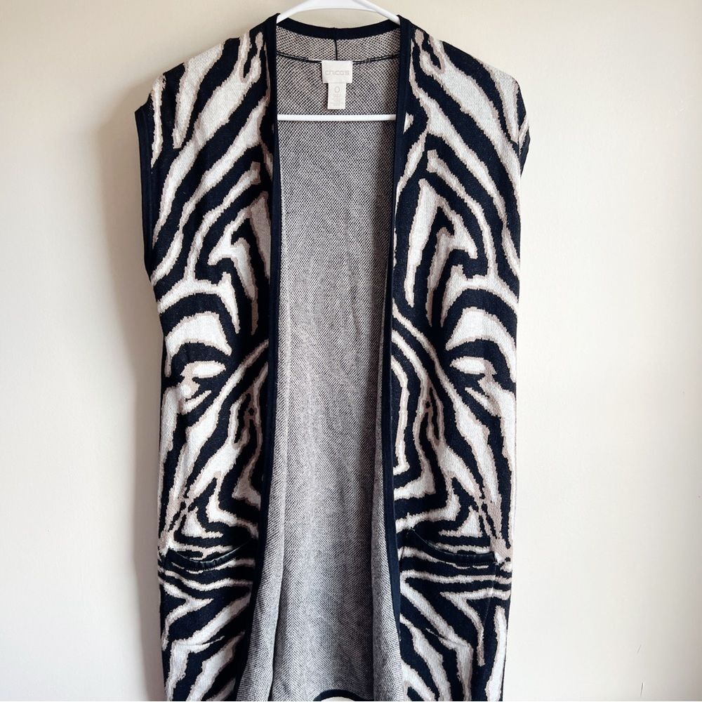 Chicos Chic Zebra Printed Maggie Open Front Sweater Vest 0
